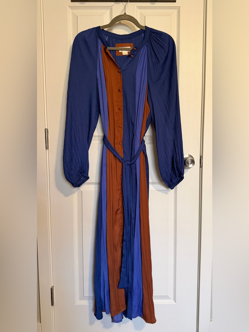 Anthropologie Maeve Medieval Blue and Rust Colorblock Tie-Waist Midi Dress Sz S - Picture 4 of 9